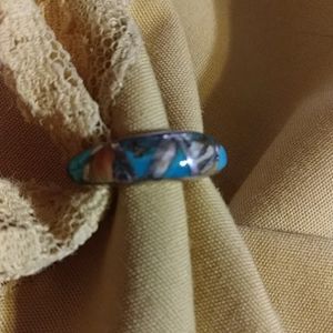 STERLING SILVER  BAND RING, WITH NATURAL MULTI INLAY TURQUOISE.  .SIZE 6